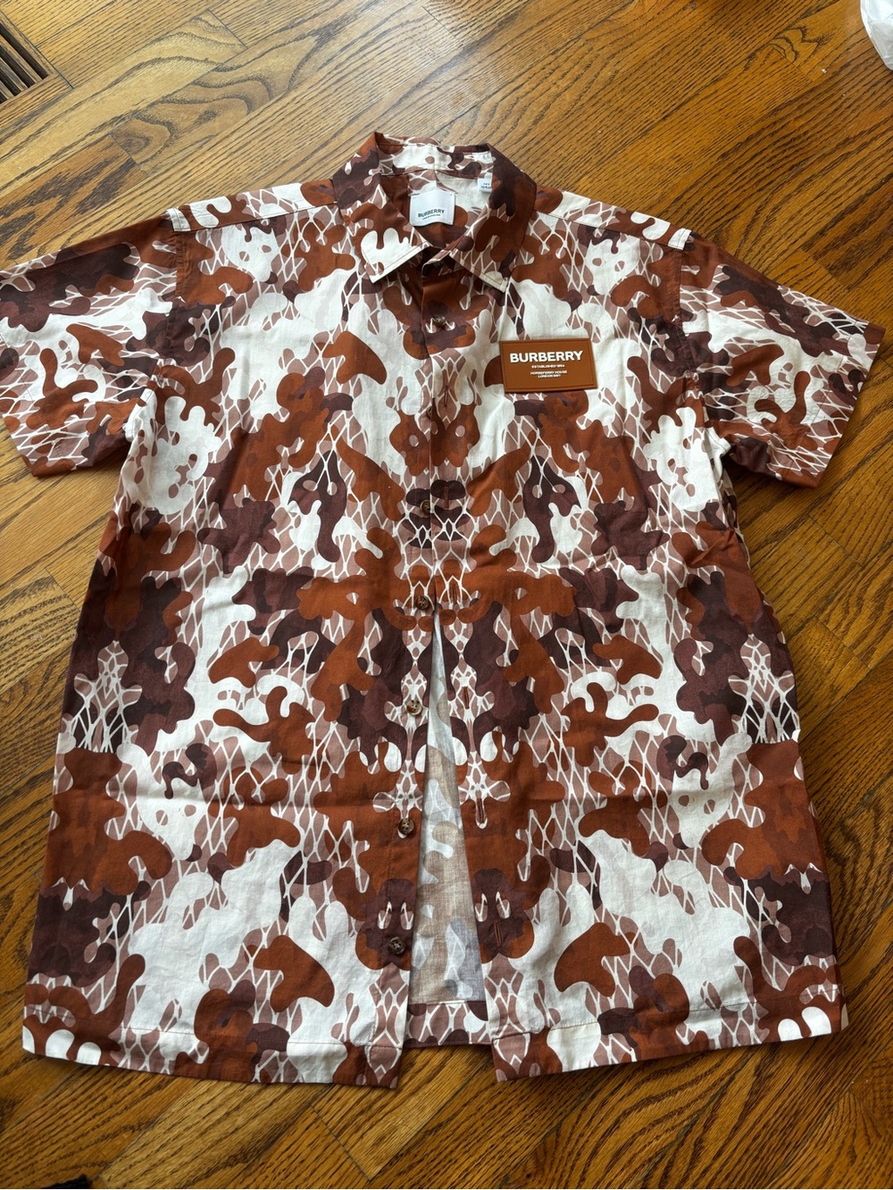 Burberry Brown and White Camouflage Short Sleeve Button-Up Blouse